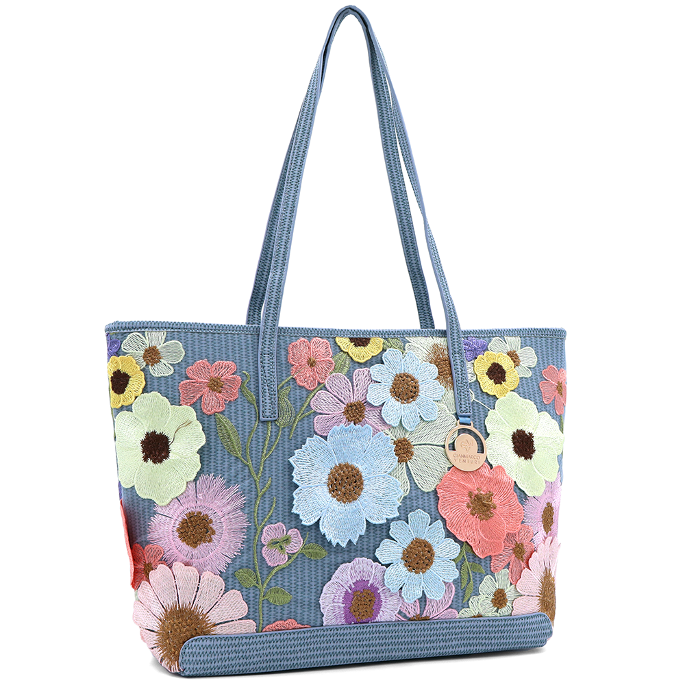 Nagy női táska típusú táska hímzett virágmintával – kék