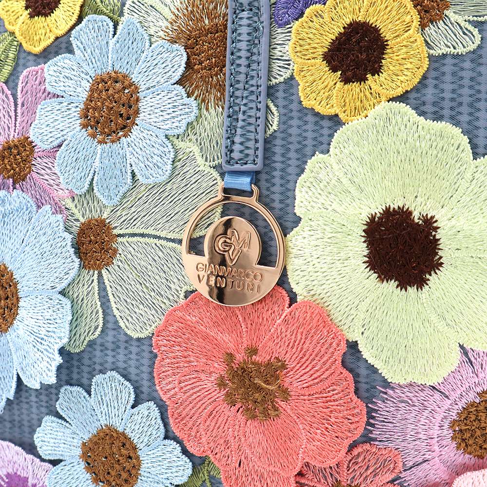 Nagy női táska típusú táska hímzett virágmintával – kék