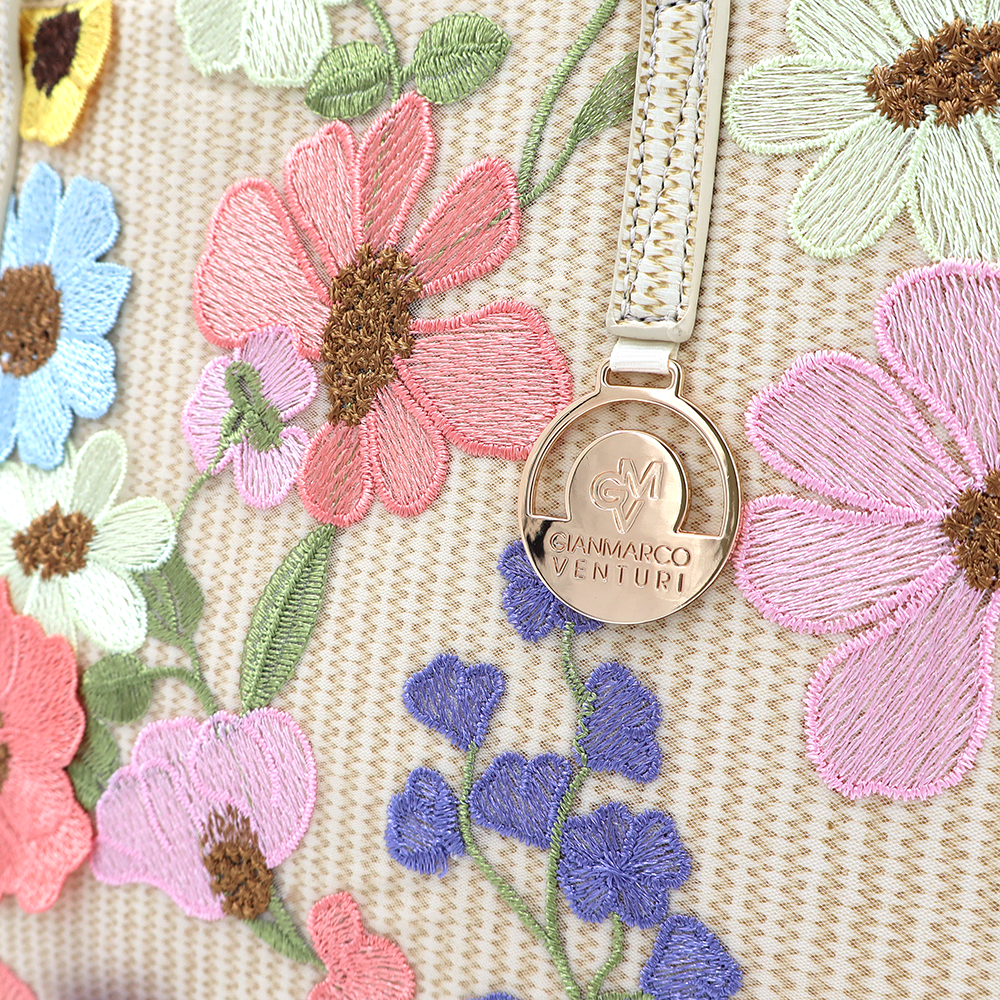 Nagy női táska típusú táska hímzett virágmintával – világosbarna