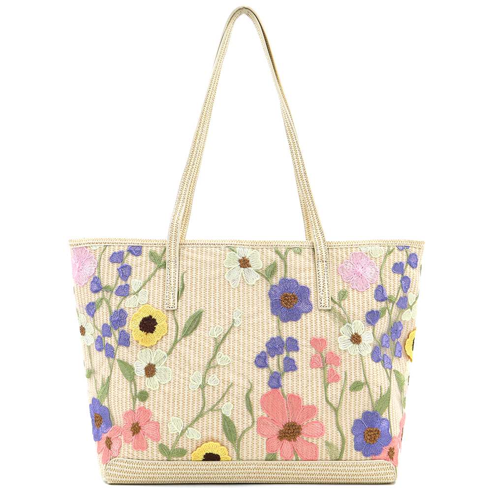 Nagy női táska típusú táska hímzett virágmintával – világosbarna