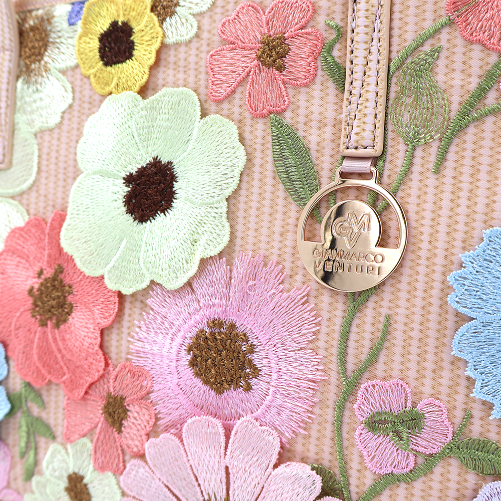 Nagy női táska típusú táska hímzett virágmintával – rózsaszín