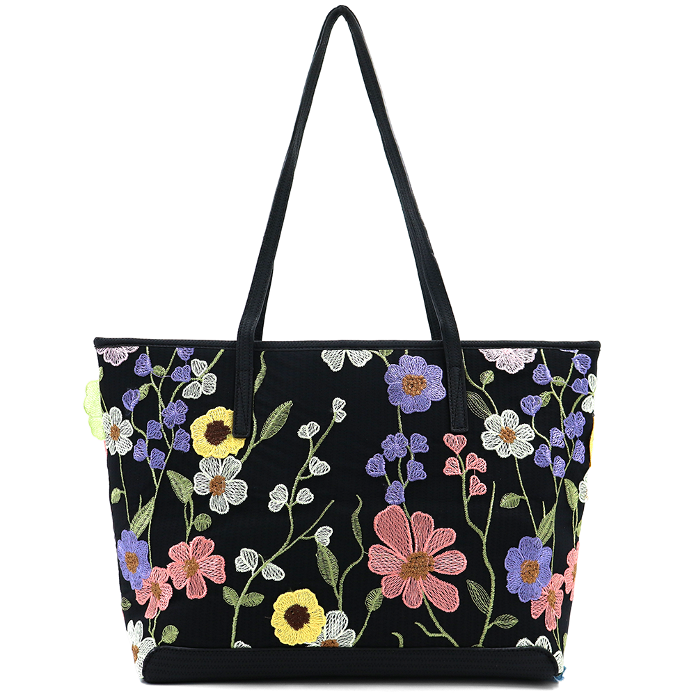 Nagy női táska típusú táska hímzett virágmintával – fekete