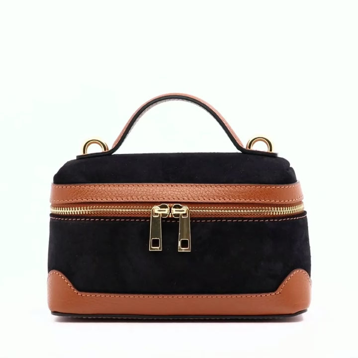 Válltáska természetes bőrből és velúrból Donna - fekete